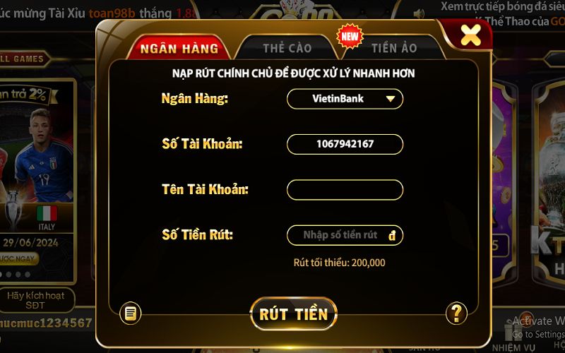 Rút tiền Go88 bằng tài khoản ngân hàng